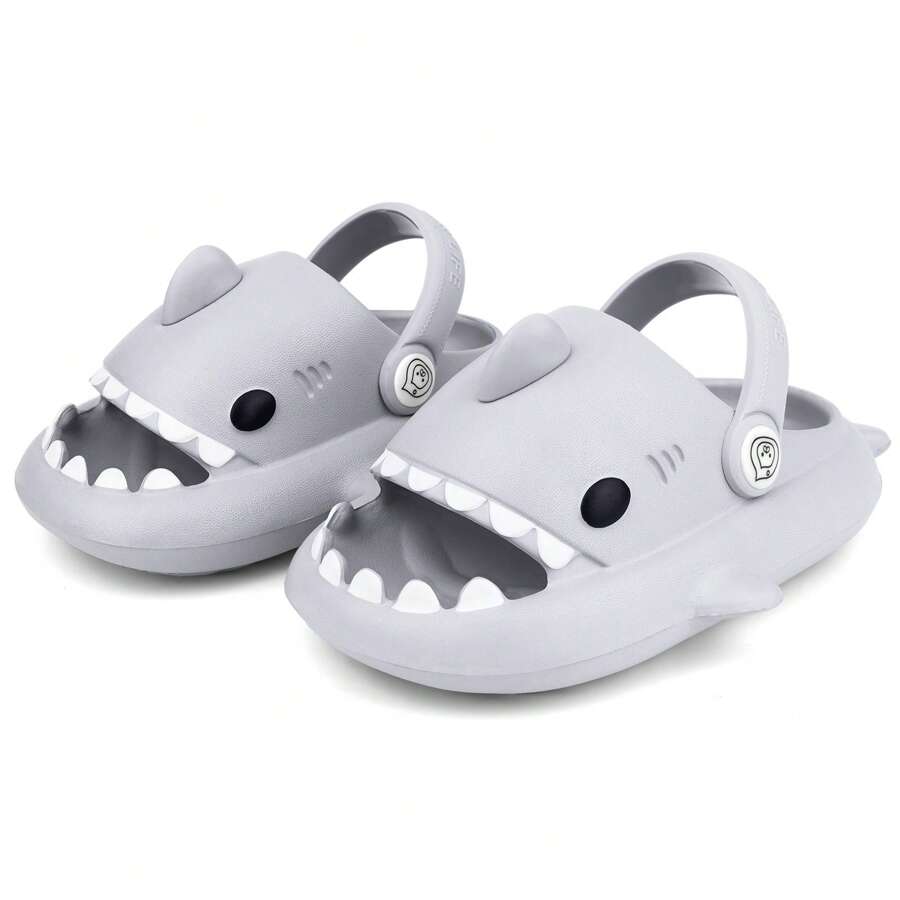 Kids Shark Cloud Slides | Toddler Boys Girls Shower Slippers | Baby Cute Cartoon Fish Clogs | Beach Pool Home Sandals | Quick Dry Non-Slip - Grey - View 1