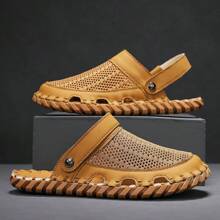 Men's Handmade Sewing Line Summer Slippers, Microfiber Material With Rubber Anti-Slip Sole, Soft Comfortable, Flat Heel And Closed Toe, Vintage Casual Style