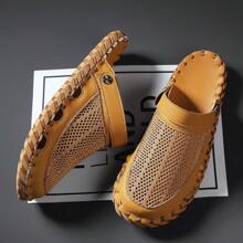 Men's Handmade Sewing Line Summer Slippers, Microfiber Material With Rubber Anti-Slip Sole, Soft Comfortable, Flat Heel And Closed Toe, Vintage Casual Style