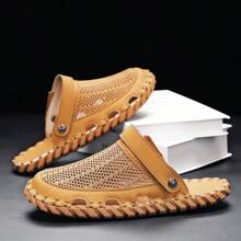 Men's Handmade Sewing Line Summer Slippers, Microfiber Material With Rubber Anti-Slip Sole, Soft Comfortable, Flat Heel And Closed Toe, Vintage Casual Style