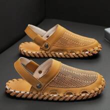 Men's Handmade Sewing Line Summer Slippers, Microfiber Material With Rubber Anti-Slip Sole, Soft Comfortable, Flat Heel And Closed Toe, Vintage Casual Style