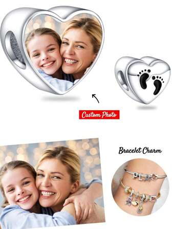 1pc Personalized Custom Photo Bracelet Charm For Women Mother, Mother's Day Father's Day Picture Necklace Charm, Photo Anklet Charm, Heart Picture Beads With Paw Feet Print Gift For Father Daughter Present Girlfriend Wife Best Friend