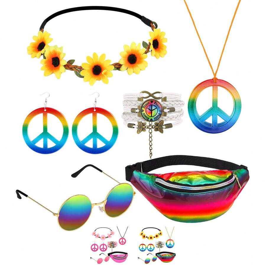 7入組嬉皮士服裝配件,60年代70年代嬉皮士裝配飾品女性供品,時尚眼鏡、波希米亞和平標誌項鍊、耳環、手環和頭帶 - 彩色 - 查看 1