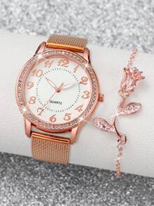 Reloj de cuarzo con esfera digital con diamantes de imitación y correa de plástico con malla, junto con pulsera de flor de rosa (set de 2 piezas) como regalo para estudiantes que regresan a la escuela en San Valentín