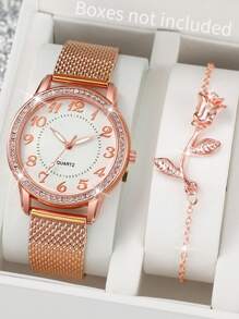 Reloj de cuarzo con esfera digital con diamantes de imitación y correa de plástico con malla, junto con pulsera de flor de rosa (set de 2 piezas) como regalo para estudiantes que regresan a la escuela en San Valentín