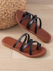 Women's Summer Flat Crossed Multi-Strap Slip-On Toe Ring Sandals Casual Beach Shoes