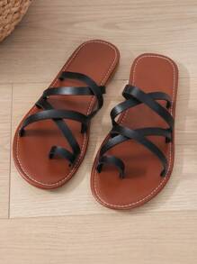 Women's Summer Flat Crossed Multi-Strap Slip-On Toe Ring Sandals Casual Beach Shoes