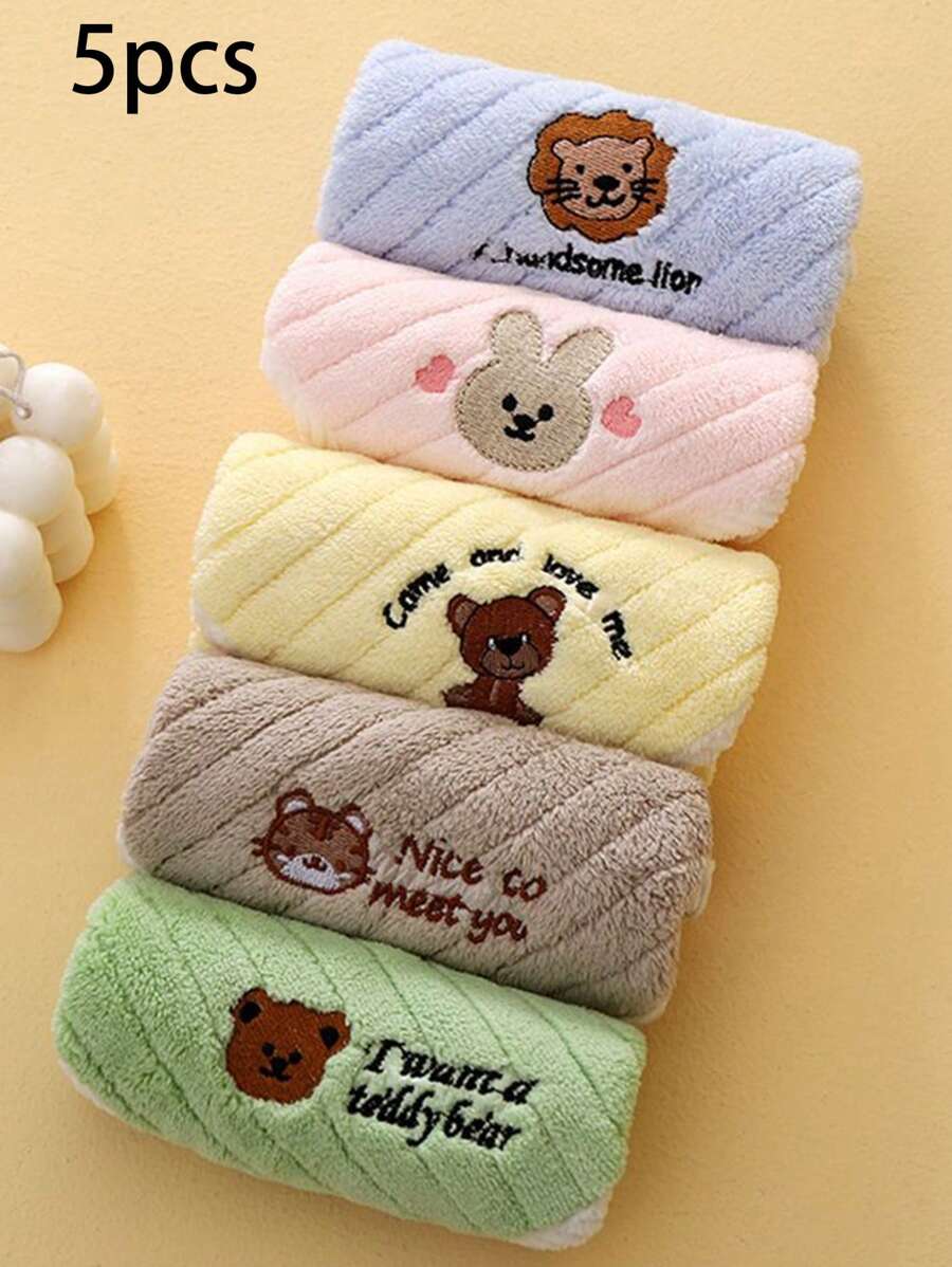5入組卡通刺繡嬰兒毛巾，柔軟吸水，適合新生兒用於沐浴和洗臉，可重複使用的擦拭毛巾，用於沐浴、餵食或打嗝後，圖案隨機 - 彩色 - 查看 1