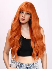 Long Curly Synthetic Wig With Bangs - Orange - View 2