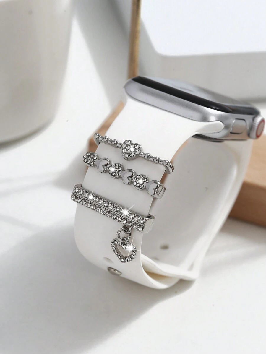 3 piezas/set Correa de reloj decorativa a la moda con bucle y hebilla con colgante de amor con rhinestone compatible con Apple Watch como regalo para estudiantes que regresan a la escuela - Plateado - Ver 1