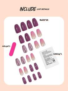 Renueve su aspecto con un set de manicura de 24 piezas de longitud media, de forma almendrada, con estilo de degradado rosa y morado con brillo, brillante y con cobertura completa. Perfecto para fiestas, bailes y uso diario. Uñas postizas para presionar y suministros de uñas. uñas falsas uña falsa uña acrílica