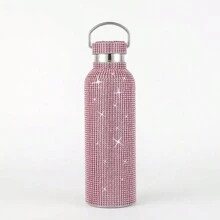 A Pink Rhinestone Coated Bottle In 350ml, 500ml, And 750ml With Stainless Steel Strap. Available In Various Capacities & Handmade With Rhinestone. Suitable For Traveling, Outdoor, Home Use, Sports And As Gifts. Water Bottle Back To School