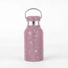 A Pink Rhinestone Coated Bottle In 350ml, 500ml, And 750ml With Stainless Steel Strap. Available In Various Capacities & Handmade With Rhinestone. Suitable For Traveling, Outdoor, Home Use, Sports And As Gifts. Water Bottle Back To School