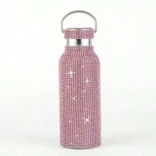 A Pink Rhinestone Coated Bottle In 350ml, 500ml, And 750ml With Stainless Steel Strap. Available In Various Capacities & Handmade With Rhinestone. Suitable For Traveling, Outdoor, Home Use, Sports And As Gifts. Water Bottle Back To School
