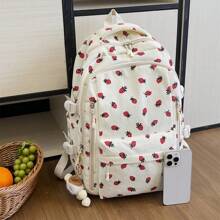 Mochila grande de capacidad con estampado de fresa, versátil y de moda para mujeres, nueva y simple, ideal para ir y venir, con bolsa de almacenamiento, mochila, bolsa para la escuela, portátil, compartimento para computadora portátil, gran capacidad, para adolescentes, mujeres, estudiantes universitarias, universidad, escuela secundaria, actividades al aire libre, viajes, salidas, escuela primaria, oficina, una mochila con estilo y bonita para el Día de San Valentín - Blanco - Ver 3