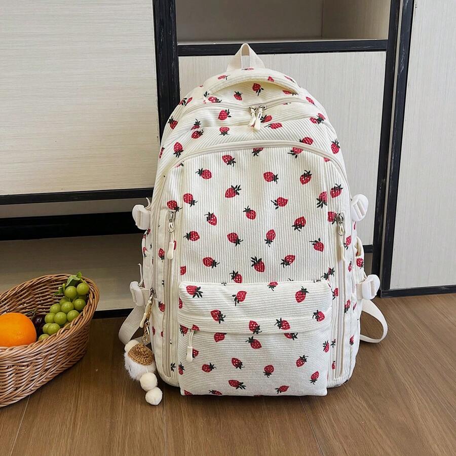 Mochila grande de capacidad con estampado de fresa, versátil y de moda para mujeres, nueva y simple, ideal para ir y venir, con bolsa de almacenamiento, mochila, bolsa para la escuela, portátil, compartimento para computadora portátil, gran capacidad, para adolescentes, mujeres, estudiantes universitarias, universidad, escuela secundaria, actividades al aire libre, viajes, salidas, escuela primaria, oficina, una mochila con estilo y bonita para el Día de San Valentín - Blanco - Ver 1