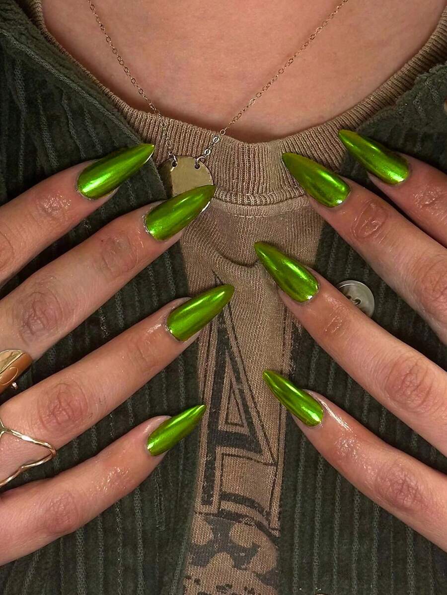 Bộ 24 miếng dán móng tay hình hạnh nhân cỡ trung bình phong cách Y2K ánh kim loại sáng bóng, bột móng tay hologram lấp lánh ánh ngọc trai, kèm 1 gel dẻo và 1 dũa móng, thích hợp cho các bữa tiệc rave và trang trí móng tay. - màu xanh lá - Xem 1