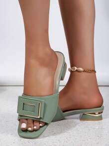 Sandalias de tacón bajo cuadrado de unicolor con puntera abierta y hebilla cuadrada, estilo de vacaciones, sandalias de tacón grueso de unicolor con puntera cuadrada para mujer - Verde - Ver 5