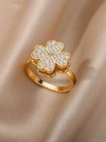 1 Pc Spinner Heart Four Leaf Clover Rings For Women Anti Stress Anxiety Fidget Ring Stainless Steel Jewelry Gift Valentines,Mom,Mother,Mother's Day,Gift