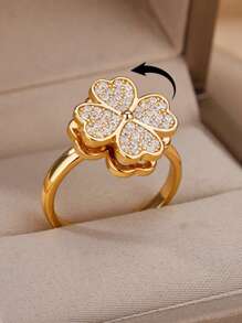 1 Pc Spinner Heart Four Leaf Clover Rings For Women Anti Stress Anxiety Fidget Ring Stainless Steel Jewelry Gift Valentines,Mom,Mother,Mother's Day,Gift