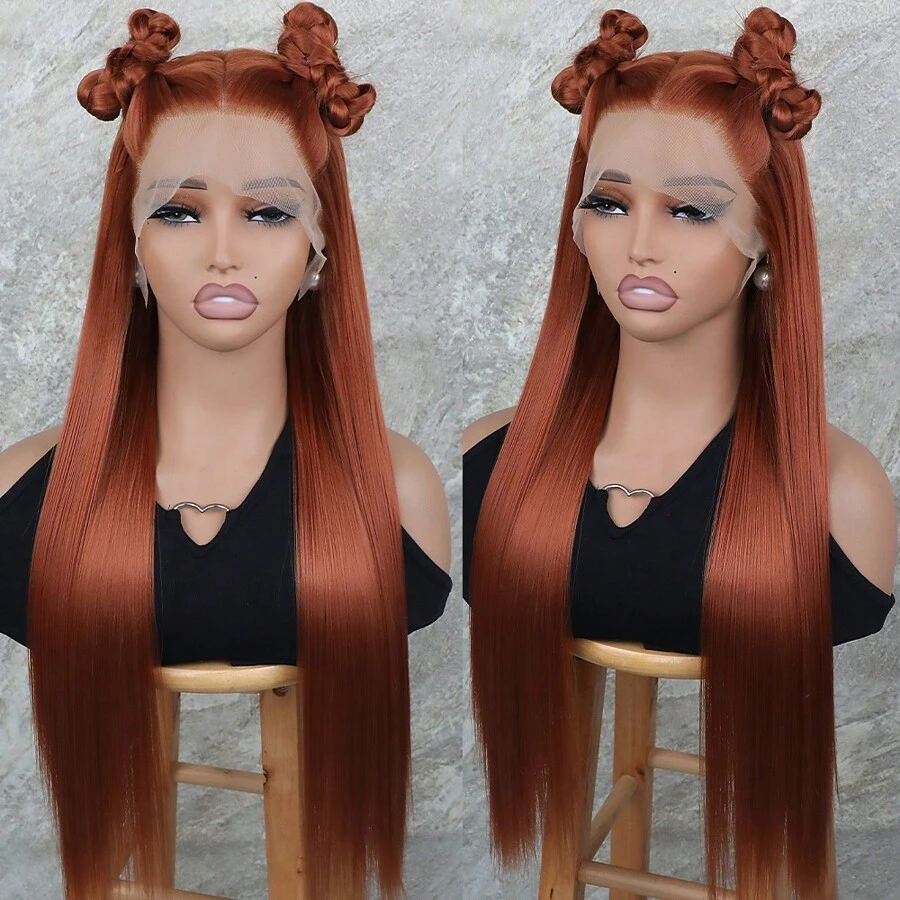 Synthetic Lace Front Wig Dark Orange Color Long Silky Straight 13x4 Frontal Lace Replacement Wig Pre Plucked Baby Hair Natural Hairline Glueless Heat Resistant Fiber For Fashion Women Girls Party Vacation Makeup Use Daily Wear - Cam bẩn - Xem 1