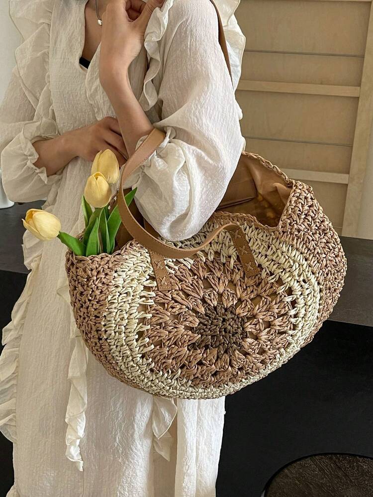 1 pièce Sac en paille tressé rond à blocs de couleurs, avec grande capacité, design ajouré et bandoulière/anse pour le transport quotidien, les voyages ou les vacances à la plage pour les femmes - Marron - Voir 7