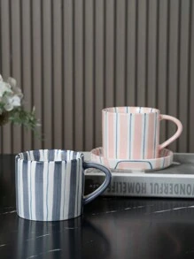 Cabin Kangaroo 1套北歐條紋陶瓷杯碟套裝，Ins風格量杯碟套裝，家用飲杯，精美茶杯碟套裝 - 一個粉紅色陶瓷杯碟套裝 - 查看 4