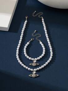 1 Set Damen Armband mit Planeten-Strass-Einlagen und Halskette mit Strass-Perlen