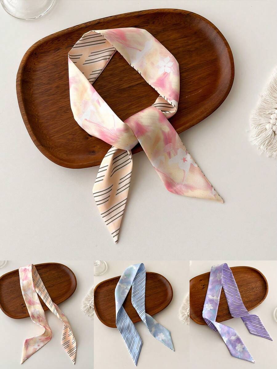 1條仿真絲漸層花印圍巾,時尚斜紋領帶,多功能頸巾（女款） - 彩色 - 查看 1