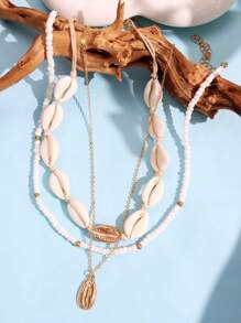 1 Set Of 3 Fashionable Beach Shell & Beaded Braided Necklaces For Women's Accessories