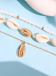 1 Set Of 3 Fashionable Beach Shell & Beaded Braided Necklaces For Women's Accessories