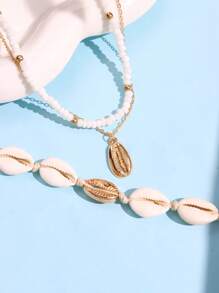 1 Set Of 3 Fashionable Beach Shell & Beaded Braided Necklaces For Women's Accessories