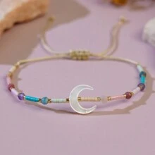 1個裝嬉皮時尚極簡色彩珠條手工寶石疊疊樂復活節貝殼月亮可調節手鏈,男女皆宜,夏日沙灘禮物