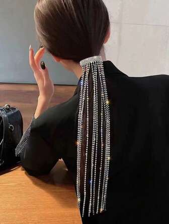 1件闪亮水钻流苏发链，适用于编发、马尾辫，带弹簧夹，女士时尚发饰，嘉年华头饰，发饰，婚礼，派对造型，发饰