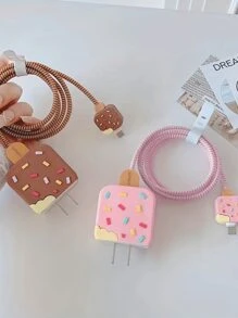 Creative Cartoon Ice Cream Shaped Data Cable Protective Case Compatible With Apple 20w Charger, Cable Winder And Strap, 4pcs/set - Pink - View 5