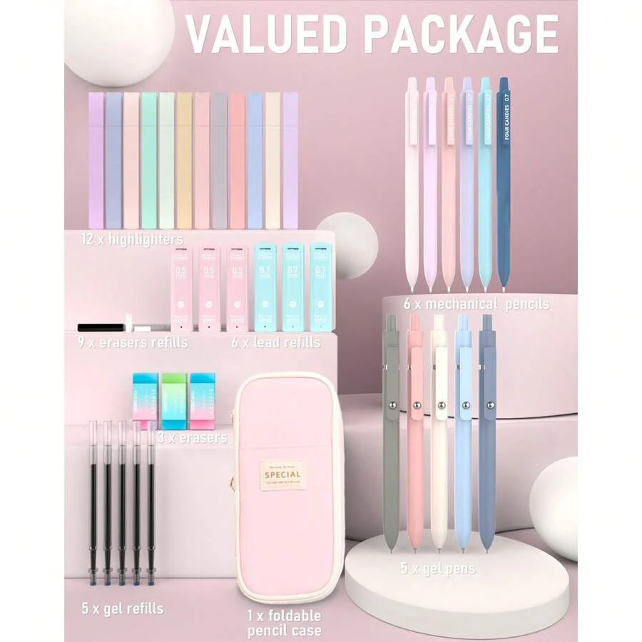 39 PCS Aesthetic School Supplies With Cute Pen Case, 12 Pastel Highlighters, 5 Black Ink Gel Pens, 6 Mechanical Pencils Set 0.5 & 0.7mm For Students Stationary College Essentials - 粉色 - 查看 1