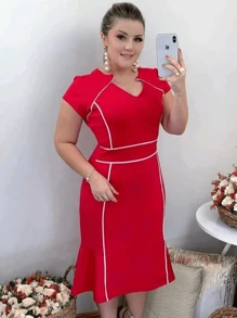 Vestido Feminino Plus Size Midi Evangelico Festa Social Top Vermelho