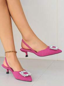 Sandálias femininas de bico fino, salto baixo, fivela quadrada e strass, modelo gatinho, versáteis para uso casual e no trabalho, confortáveis para atividades ao ar livre, coleção primavera/outono 2025. Novidade para a primavera/outono de 2025. Confortáveis para uso externo. - Rosa Quente - Ver 4