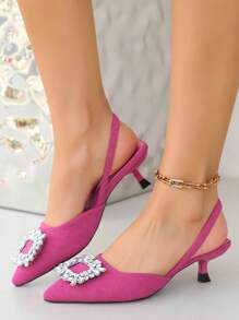 Sandálias femininas de bico fino, salto baixo, fivela quadrada e strass, modelo gatinho, versáteis para uso casual e no trabalho, confortáveis para atividades ao ar livre, coleção primavera/outono 2025. Novidade para a primavera/outono de 2025. Confortáveis para uso externo. - Rosa Quente - Ver 3