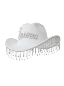 Party 1pc Jean Cowboy Hat For Women With Elegant Rhinestone & Tassel Decor Wide Brim Jazz Hat For Music Festival, Stage Performance, Wedding And Bridesmaid Gift Cowboy Hat Cowgirl Hat - Multicolor - View 8