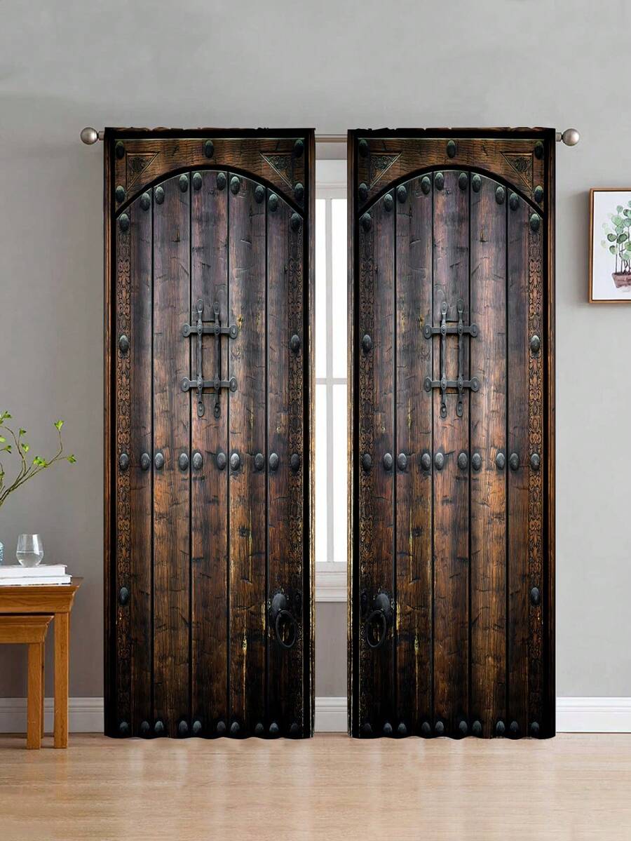 2入組復古谷倉門印花窗簾,口袋簾桿式鄉村風格裝飾印花輕過濾簾,防污、保隱私,適用於臥室辦公室廚房客廳書房家居 - 棕色 - 查看 1