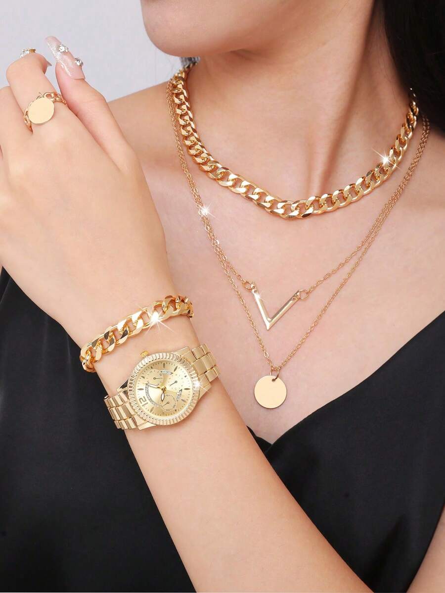 SOKI SOKI 1 Set personalisierte modische Leopard Muster Quarz-Armbanduhr mit passendem Leopard Muster Halskette, Ohrringe und Armband, perfekt für den täglichen Gebrauch, Geburtstagsgeschenk, Party, Feierlichkeiten, ideales Geschenk für sich selbst oder Freunde - Gold - Übersicht 1