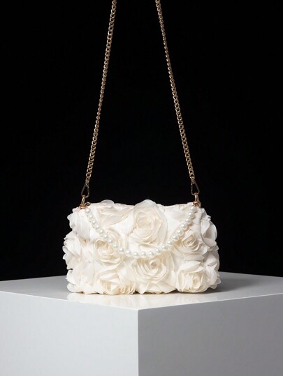 Elegante bolso bandolera con flor de rosa, bolso de mano con perlas falsas, billetera femenina dulce y suave, perfecto para regalar a mujeres, bolso de noche, bolso de novia (patrón aleatorio) San Valentín