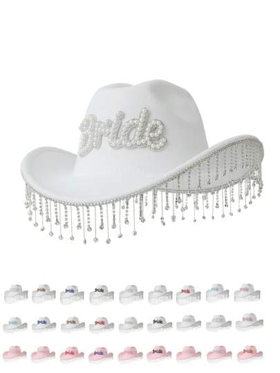 Cappello in denim da cowboy per donna per feste 1 pezzo con decorazioni eleganti di strass e nappa, ampio bordo per festival musicali, spettacoli, matrimoni e regalo delle damigelle d'onore Cappello da cowboy per cowgirl