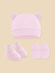 1Set Newborn Baby Hospital Hats Beanie With Cute Ear Infant Caps Baby Boys Girls No Scratch Mittens Set For 0-6 Months