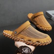 Men's Handmade Sewing Line Summer Slippers, Microfiber Material With Rubber Anti-Slip Sole, Soft Comfortable, Flat Heel And Closed Toe, Vintage Casual Style