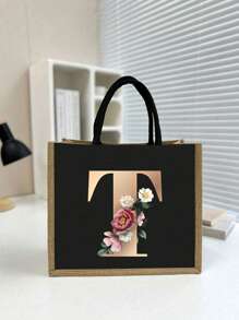 Casual Tote Bags For Women, Large Capacity Shopping Bag, Linen Beach Tote Bag, Gold 26 Letter Print Commuter Tote Bag, Jute Tote Bag Women's Shopping Bag, Gold Lettering And Flowers, Large Capacity Reusable Shopping Bag, Summer Essentials, Perfect For Vacation & Holiday, School Bag, Portable, Large Capacity, For Teen Girls Women College Students, Perfect For Office, College, Middle School ,Vacation Essentials - Black - View 7