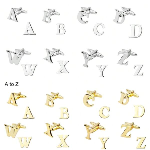 1 Paar 26 Alphabet Förmige Manschettenknöpfe Für Männer, Metallischer Finish, Gold / Silber Ton