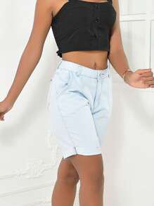 Women Denim Shorts - 淺色水洗藍 - 查看 3