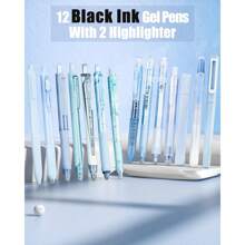 Gel Ink Pens Set,14PCS Pens Set With Case, Cute Note Taking 0.5mm Fine Point Retractable 12PCS Black Ink Pens With 2 Highlighter For School, Note Taking,Writing, Office Supplies